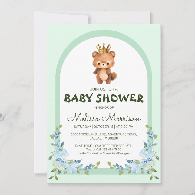Invitation Baby shower à fleurs bleu mignonne à ours en peluc (Devant)