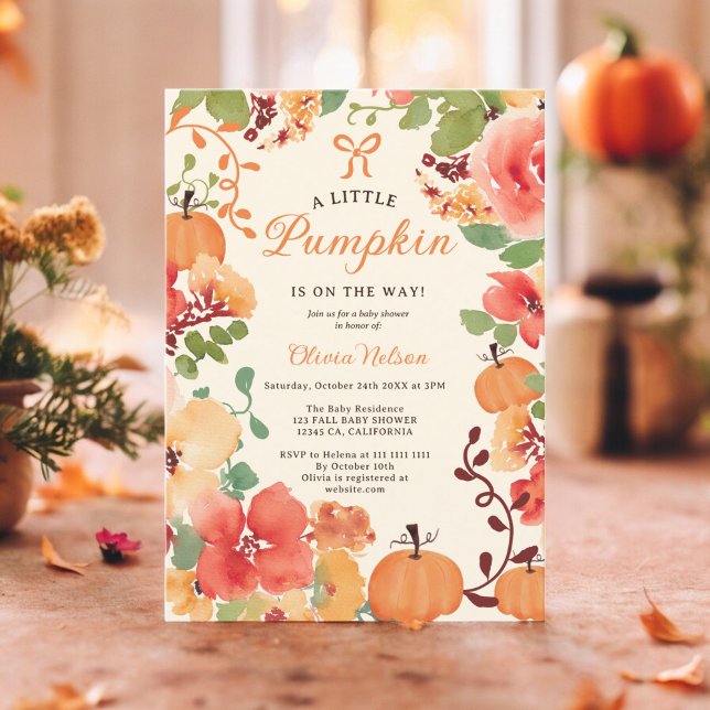 Invitation Baby shower à fleurs crème citrouille Fall Boho Li (Fall Boho Little pumpkin cream floral baby shower Invitation)