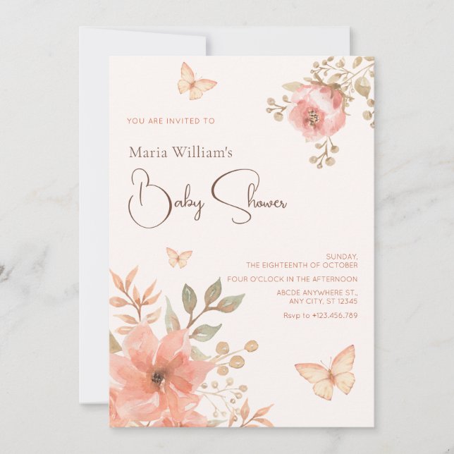 Invitation Baby shower à fleurs de pêche rose (Devant)