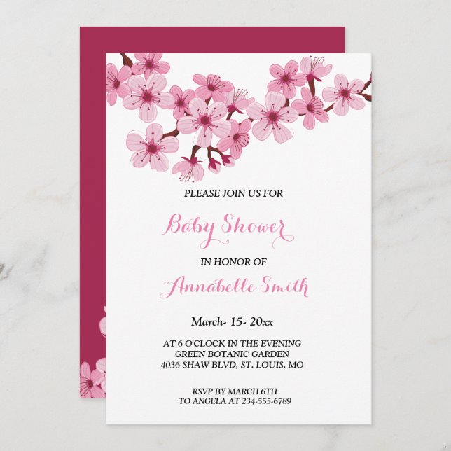Invitation Baby shower à fleurs rose cerisier (Devant / Derrière)