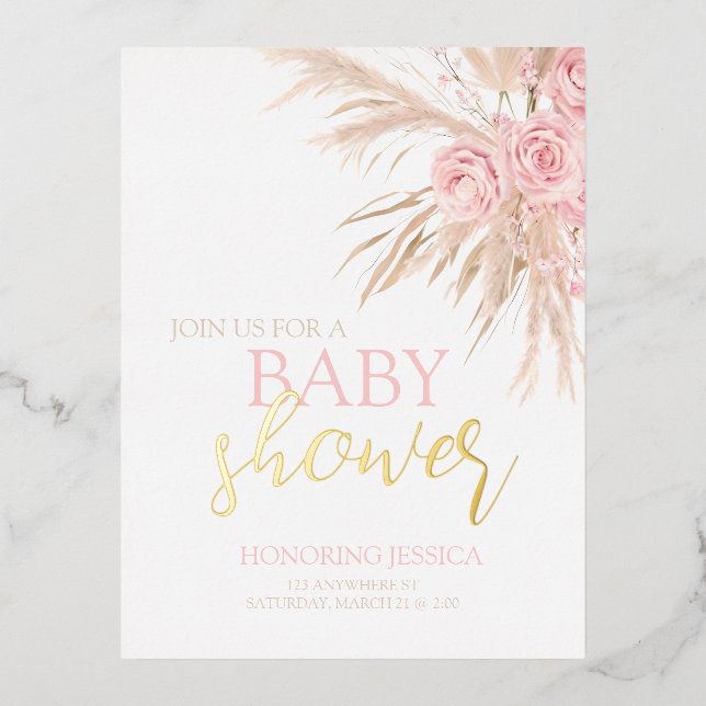 Invitation Baby shower à fleurs rose Pastel (Recto)