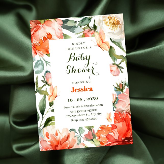 Invitation Baby shower à fleurs vert orange (Créateur téléchargé)