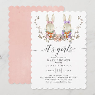 Invitation Baby shower à jumeaux vintage Rabbit Botanique