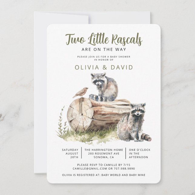 Invitation Baby shower à jumeaux Woodland Raccoon (Devant)