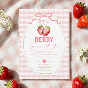 Invitation  Baby Shower à la fraise à ruban rose à carreaux