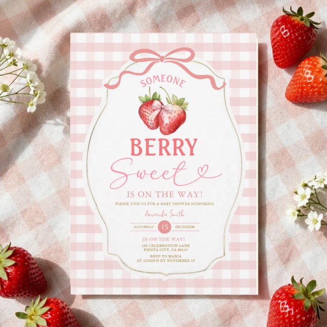 Invitation  Baby Shower à la fraise à ruban rose à carreaux (Créateur téléchargé)