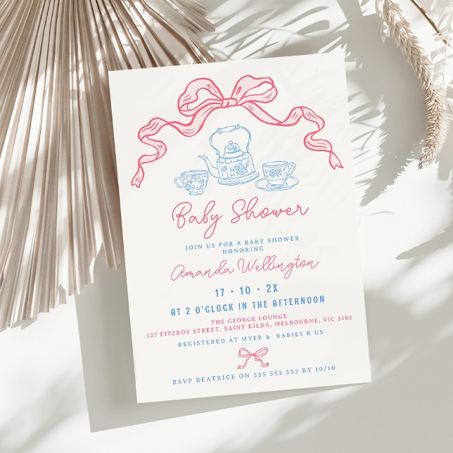 Invitation Baby shower à la main de Whimsical tiré de thé à l (Bow Tea Whimsical Baby Shower Invitation, Hand Drawn Illustration Baby Shower Invitation, Pink Blue)