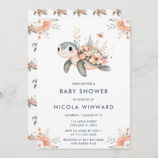 Invitation Baby shower à la tortue florale (Devant / Derrière)