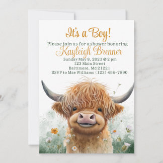 Invitation Baby shower à la vache Highland