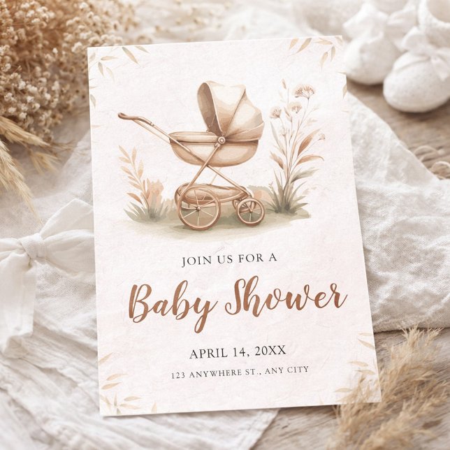 Invitation Baby-shower à l'aquarelle avec vieux landau (Watercolor Baby Shower with Vintage Stroller Invitation, Baby On the Way)
