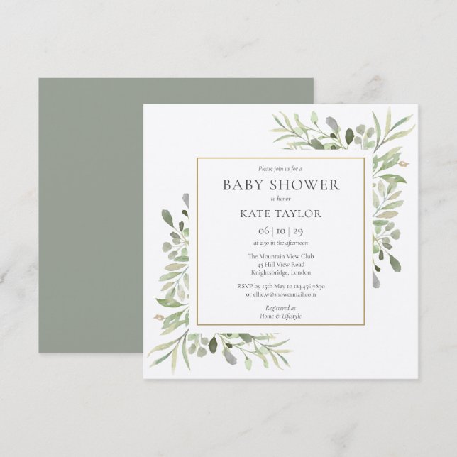 Invitation Baby Shower à l'aquarelle rustique de verdure (Devant / Derrière)
