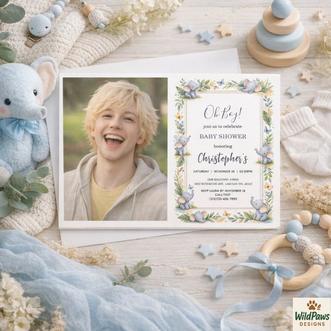Invitation Baby Shower à l'aquarelle sur le thème de l'élépha (Boy’s Elephant Watercolor Baby Shower –Blue Safari Invitation
)