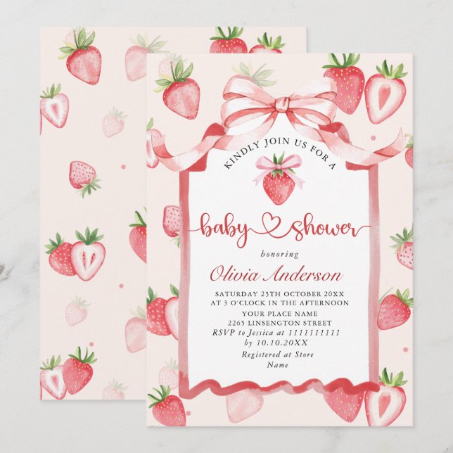 Invitation Baby shower à l'aquarelle tendance Meadow Strawber (Devant / Derrière)
