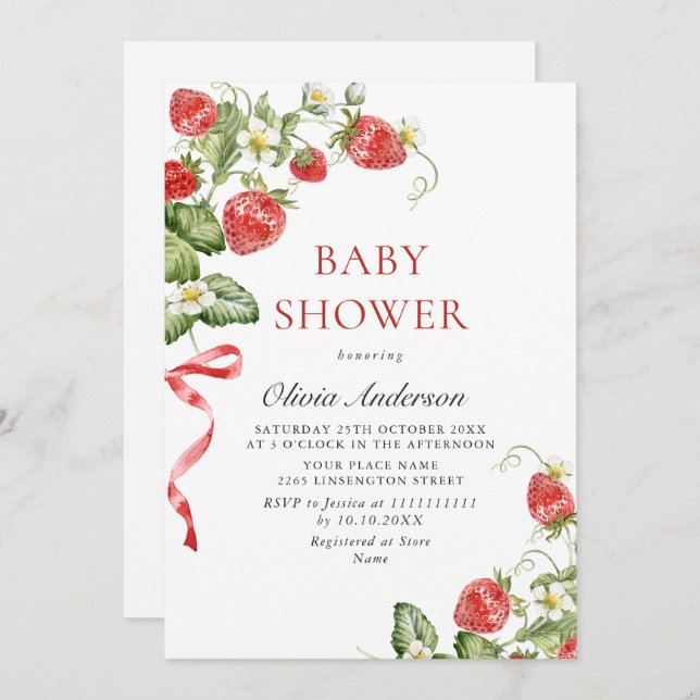 Invitation Baby shower à l'aquarelle tendance Meadow Strawber (Devant / Derrière)