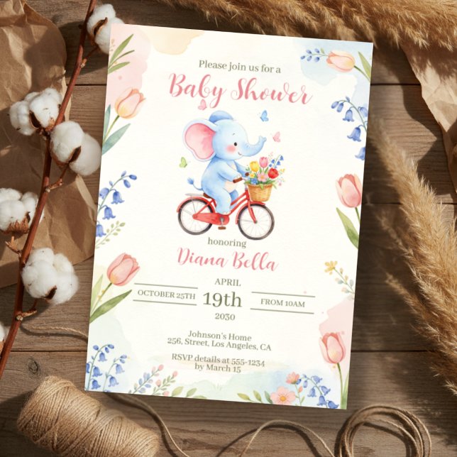 Invitation Baby Shower à l'Éléphant à Vélo Floral (Créateur téléchargé)