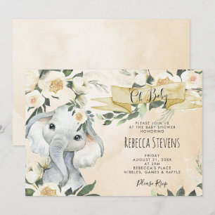 Invitation baby shower à l'éléphant floral neutre