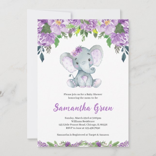 Invitation Baby Shower à l'Éléphant Violet (Devant)