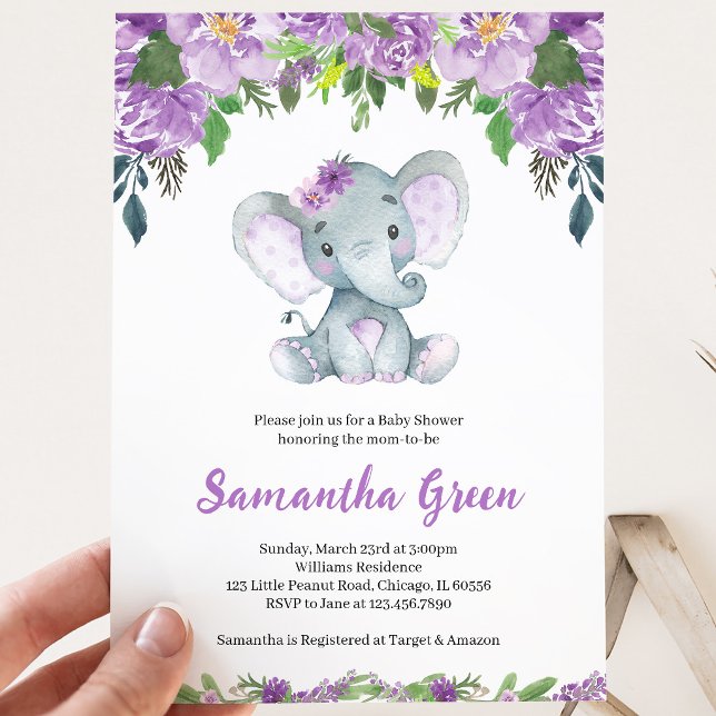 Invitation Baby Shower à l'Éléphant Violet (Créateur téléchargé)