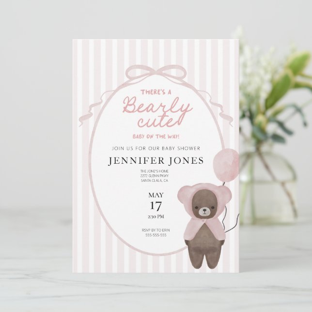 Invitation baby shower à l'ours en peluche rose Wh (Debout devant)