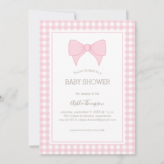 Invitation Baby shower à motif gingham rose et blanc (Devant)