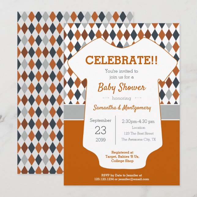 Invitation Baby shower à motif Jacquard orange et gris brûlé (Devant / Derrière)