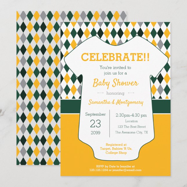 Invitation Baby shower à motif Jacquard vert et jaune (Devant / Derrière)