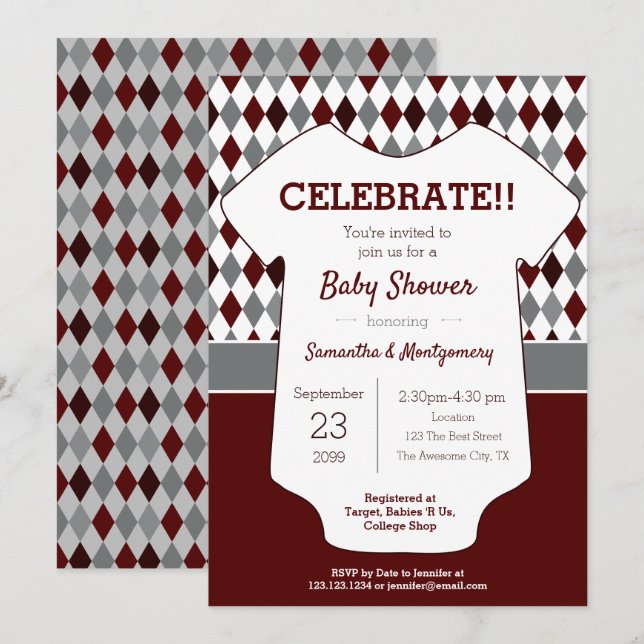 Invitation Baby shower à motif marron et Jacquard gris (Devant / Derrière)