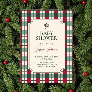 Invitation Baby shower à motif tartan carreauté rouge vert