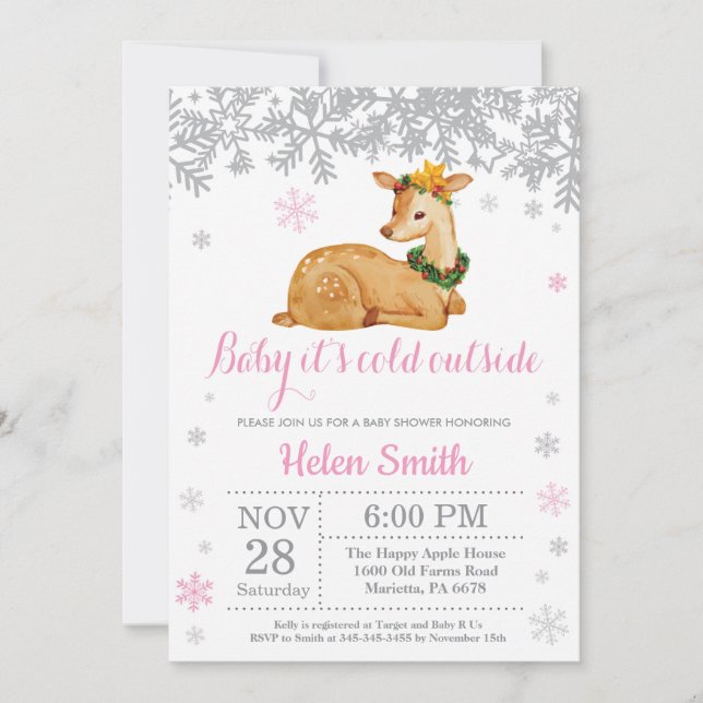 Invitation Baby shower à neige cerf hiver rose fille (Devant)