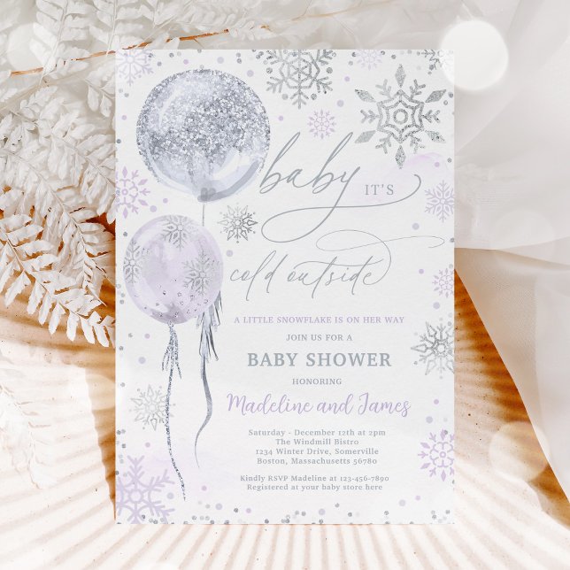 Invitation Baby shower à neige violet et argenté en hiver (Créateur téléchargé)
