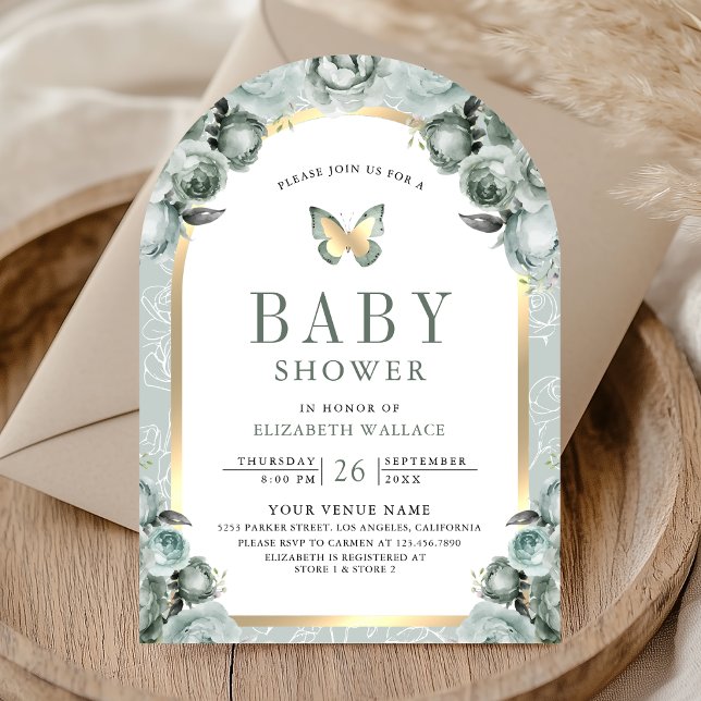 Invitation Baby shower à papillon à arc fleuri vert Sage (Créateur téléchargé)