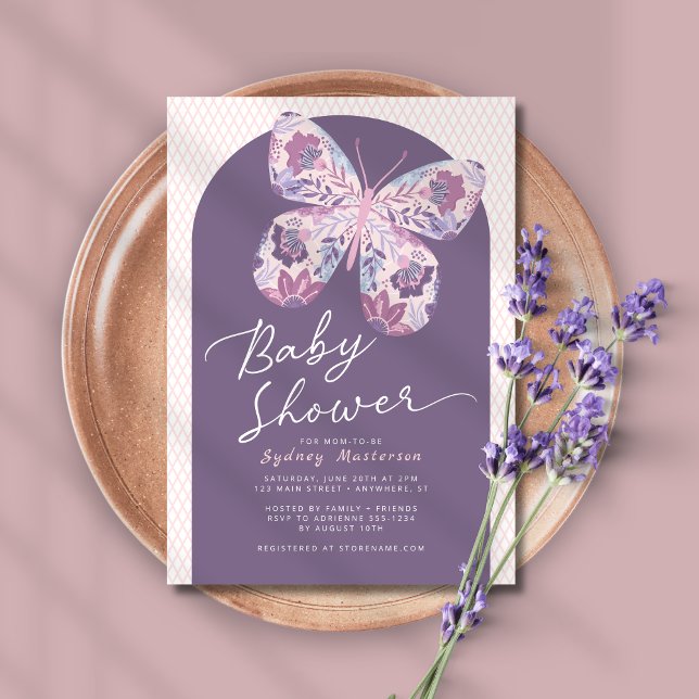 Invitation Baby shower à papillon à arc violet Dusty Invitati (Shown on a 5" x 7" card)