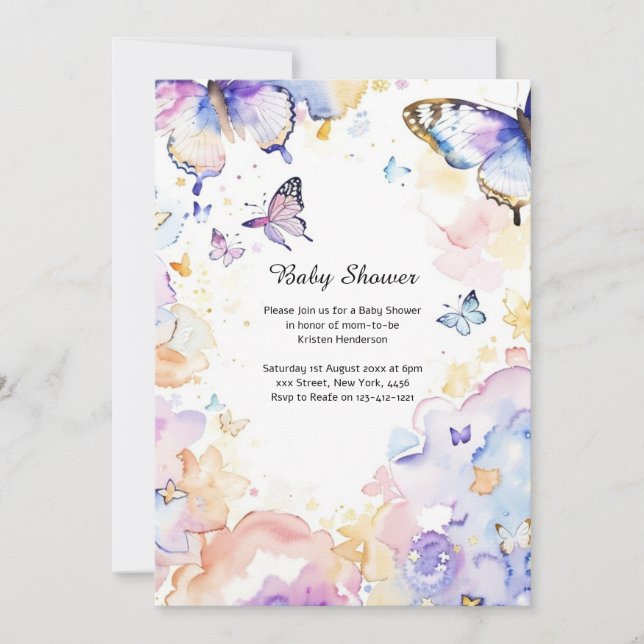 Invitation Baby shower à papillon aquarelle (Devant)