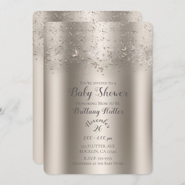 Invitation Baby shower à papillon Champagne Shimmer Fbattage (Devant / Derrière)