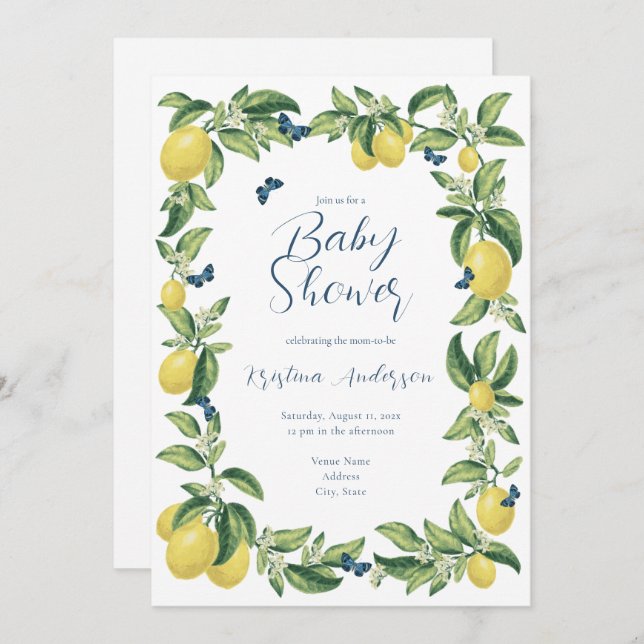 Invitation Baby shower à papillon Citrus bleu et citron (Devant / Derrière)