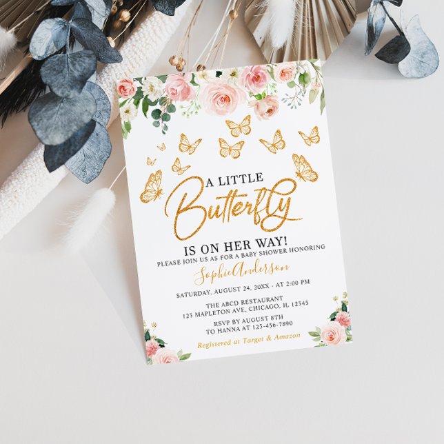 Invitation Baby shower à papillon floral rose pâle (Créateur téléchargé)