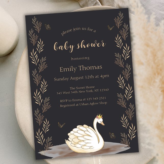 Invitation Baby shower à papillon noir Princess Swan Gold (Black Gold Princess Swan Butterfly Baby Shower Invitation)