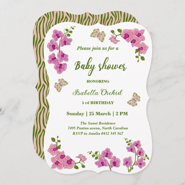 Invitation Baby shower à papillons tropicaux d'Orchidées (Devant / Derrière)