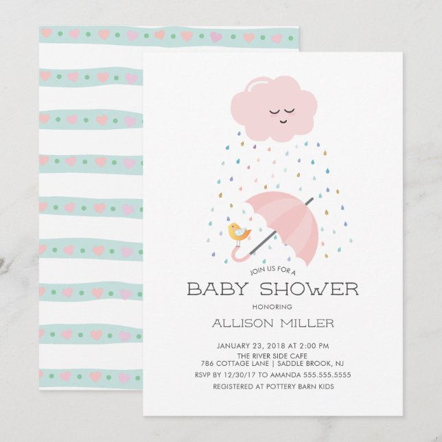 Invitation Baby shower à parapluie doux aux oiseaux Invitatio (Devant / Derrière)