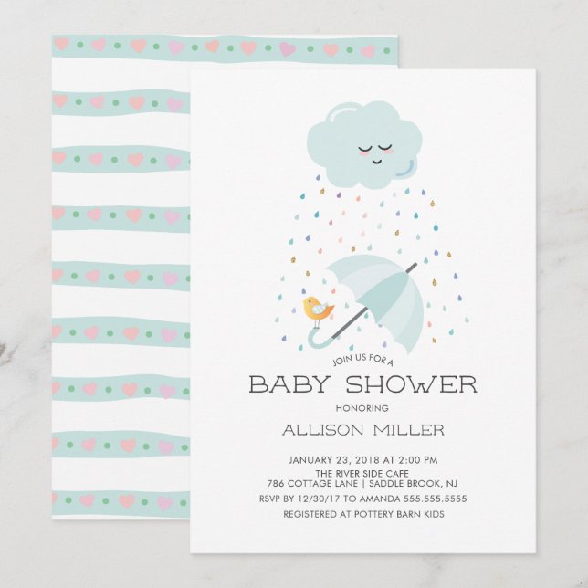 Invitation Baby shower à parapluie doux aux oiseaux Invitatio (Devant / Derrière)