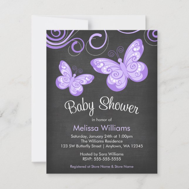 Invitation Baby shower à permules de papillon pourpre Chalkbo (Devant)