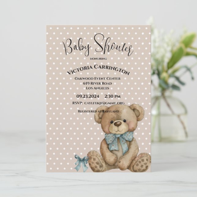 Invitation Baby shower À petits pois Teddy Bear (Debout devant)