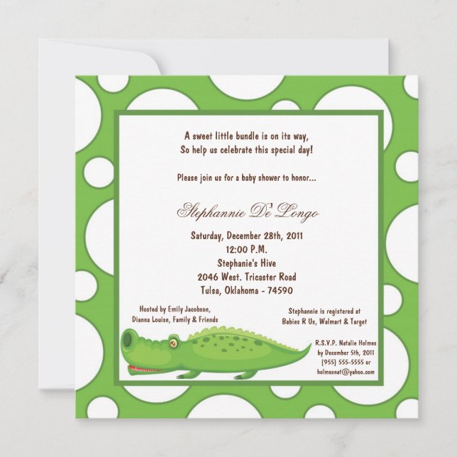 Invitation baby shower à point de lecture Gator 5x7 (Devant)