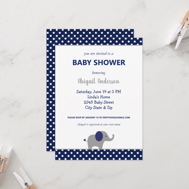 Invitation Baby shower à points Polka bleu et blanc de la mar (Devant/Arrière en situation)