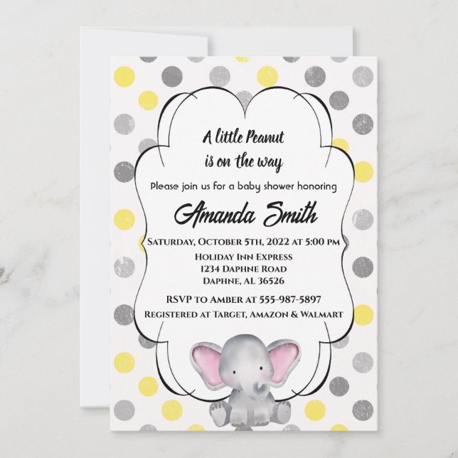 Invitation Baby shower à points Polka gris et jaune pour élép (Devant)