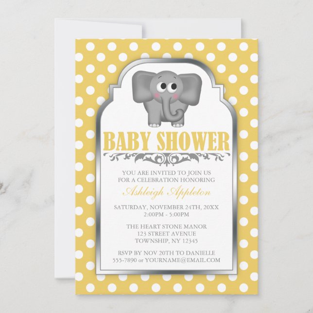 Invitation Baby shower à points polka jaune Eléphant (Devant)