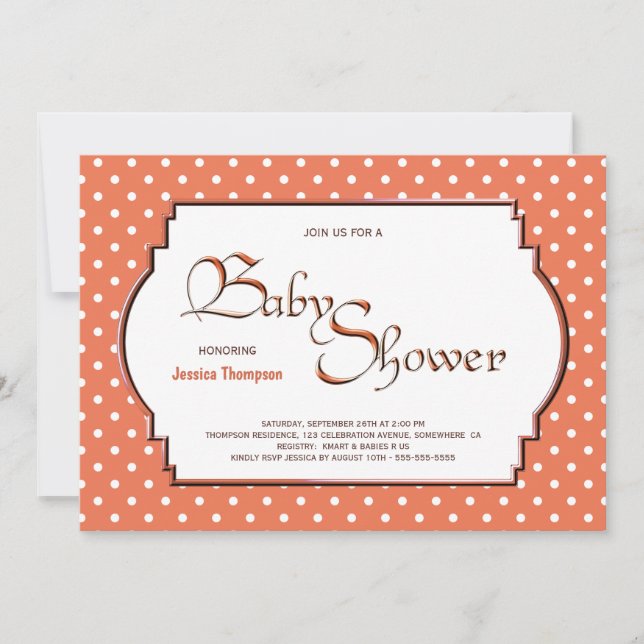 Invitation Baby shower à points Polka orange et blanc (Devant)