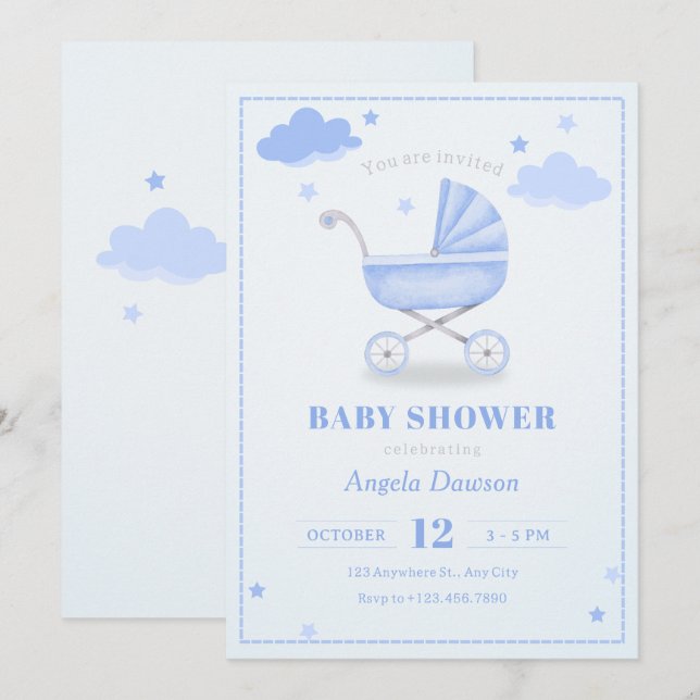 Invitation Baby shower à poussette bleu pastel (Devant / Derrière)