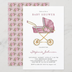 Invitation Baby shower à poussoir Vintage rose