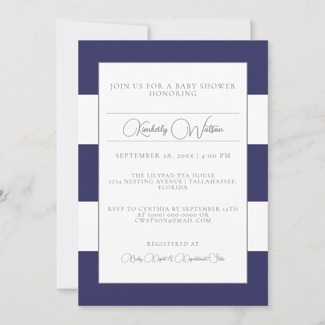 Invitation Baby shower à rayures bleues (Devant)